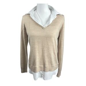 Equestrian Preppy Layered Top‎ Sweater Collar Shirt Tan Academia Ivy League M